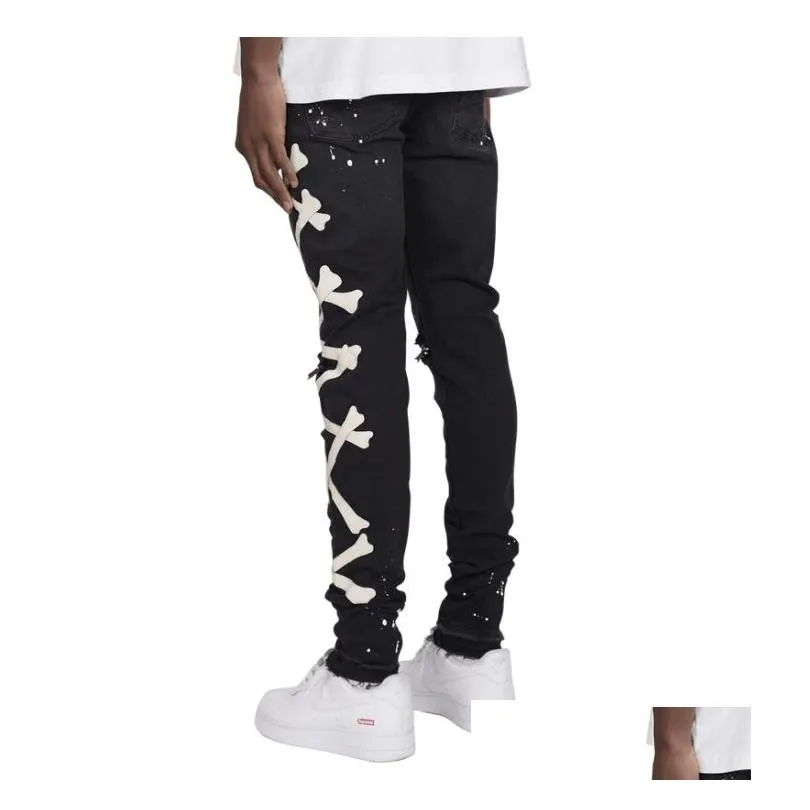 mens jeans bone patternwork jean hombre motorcycle pants fall streetwear ripped jean noir homme zipper pant for men