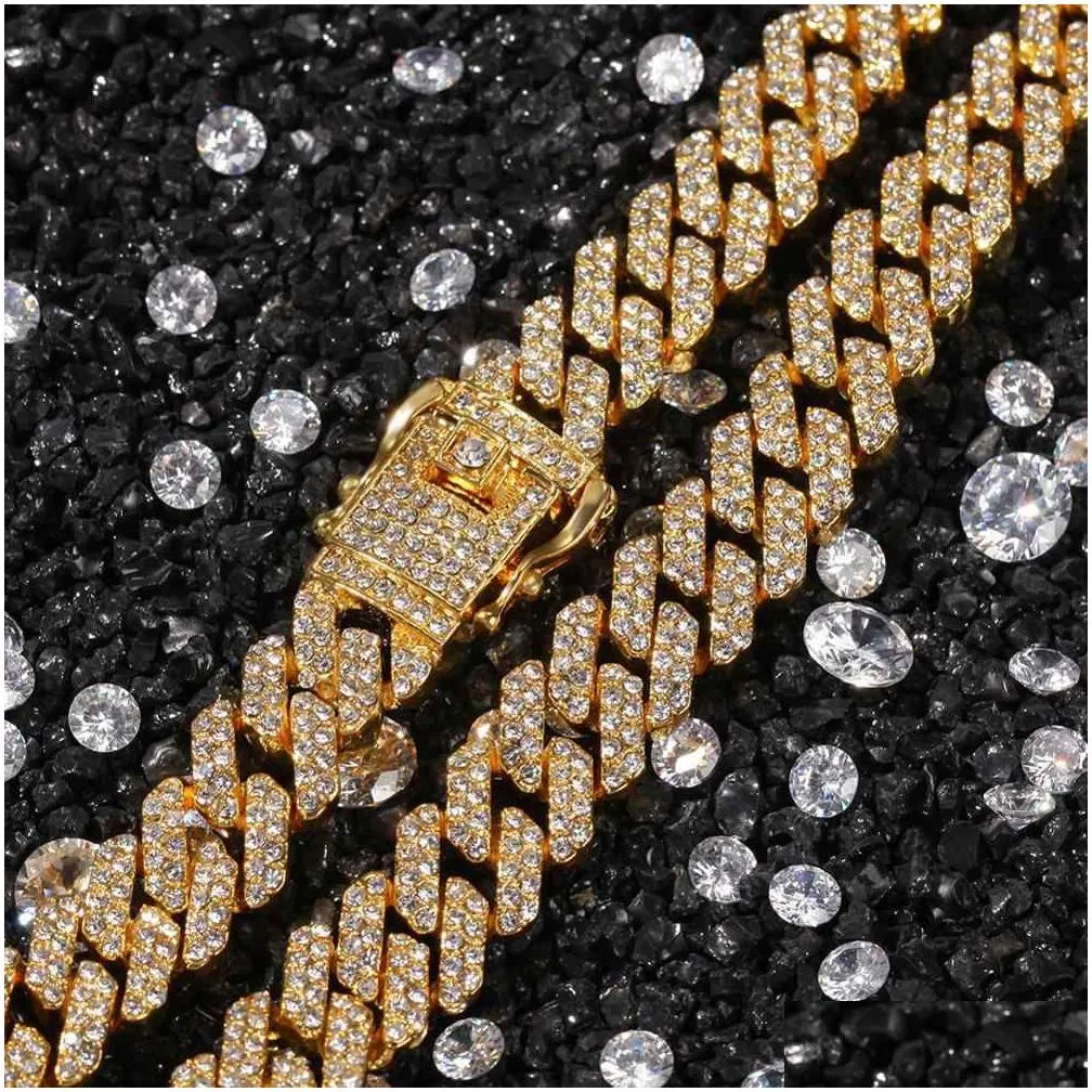 statement necklace 12mm  cuban link chain necklace bracelets set for men bling hip hop iced out diamond gold silver rapper chains women luxury jewelry