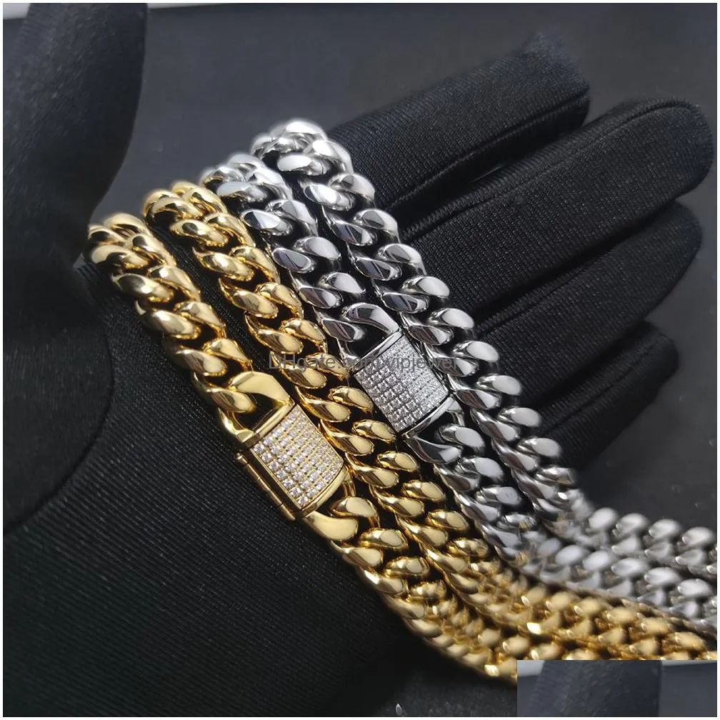 18k gold plated diamond cuban link jewelry set for boys and girls heavy stainless steel metal necklace and bracelet for fashionable choker