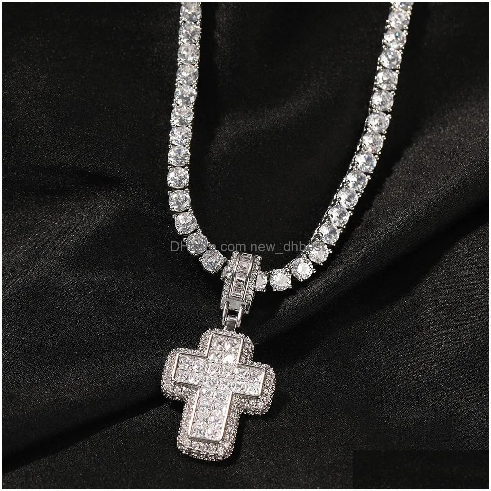 shining diamond stone cross pendants necklace jewelry 18k real gold plated bling men women gift religious jewelry