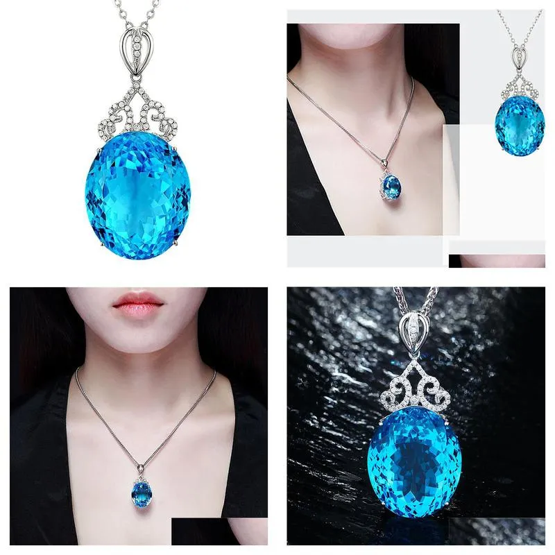 fashion highend large naked stone pendant sky blue topaz pendant necklace 18k white gold plated female color gemstone exquisite