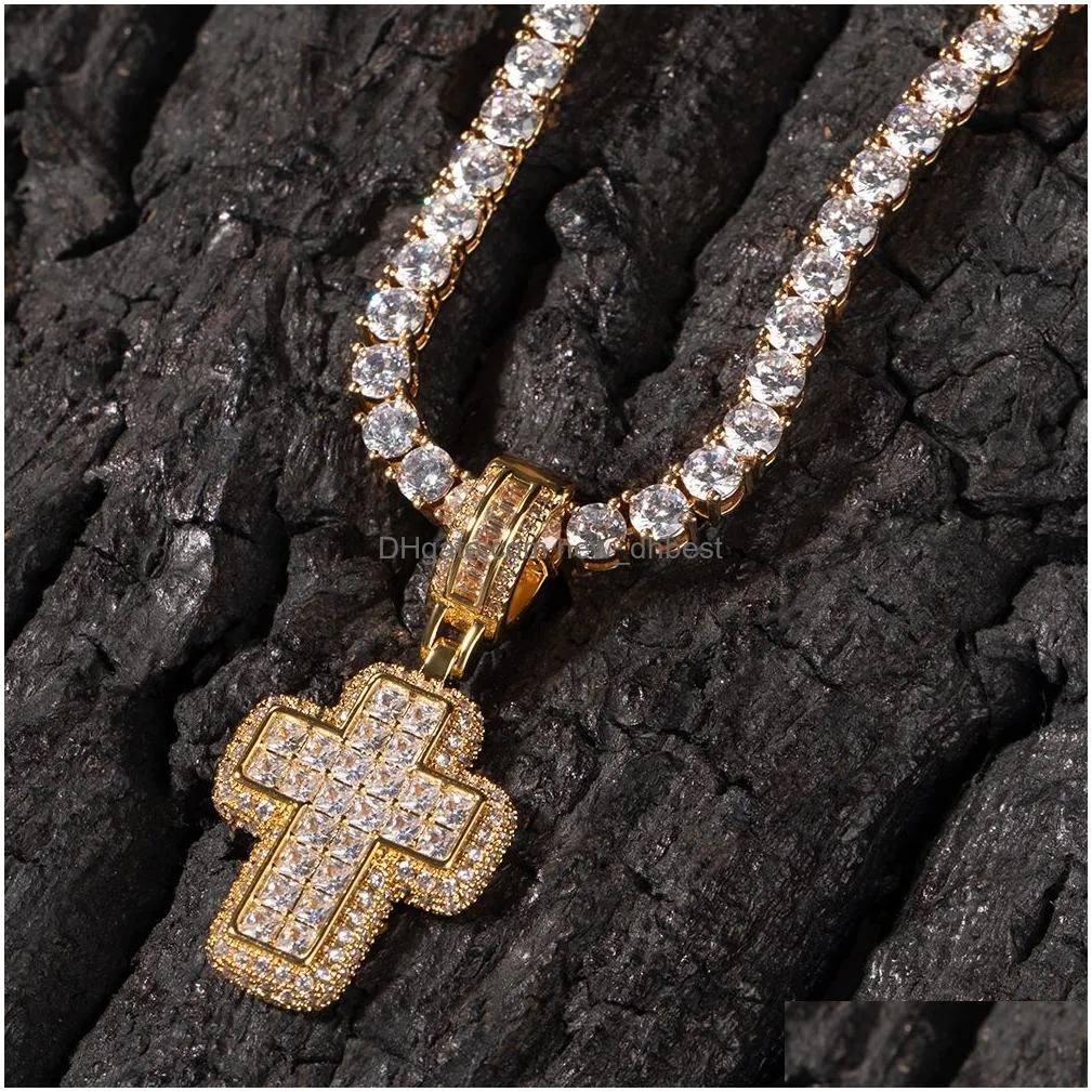 shining diamond stone cross pendants necklace jewelry 18k real gold plated bling men women gift religious jewelry