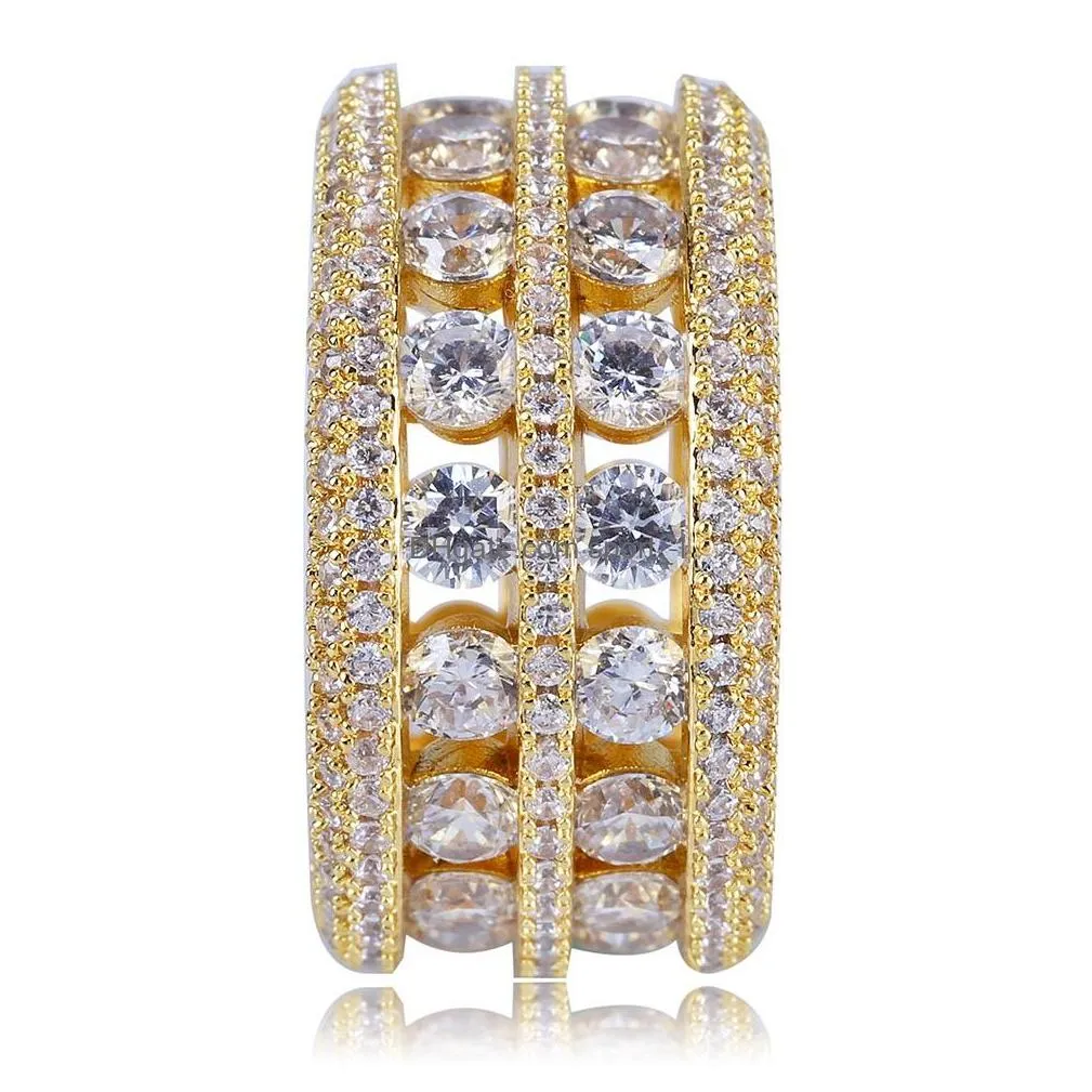 double rows rings hip hop shining 18k real gold plated cubic zircon diamond finger ring jewelry