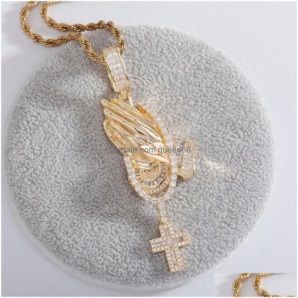 hip hop playing hands cross pendants necklace full zircon religious jewelry gift