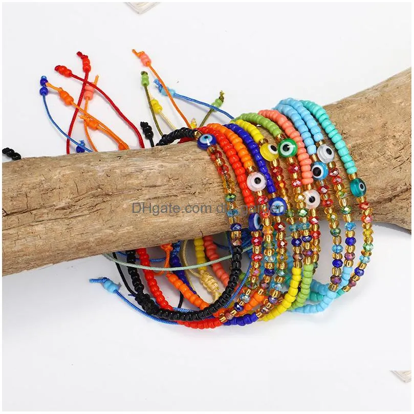 evil turkish eye bracelet handmade rope chain rainbow crystal rice beaded elasticity bracelets for women mens jewelry