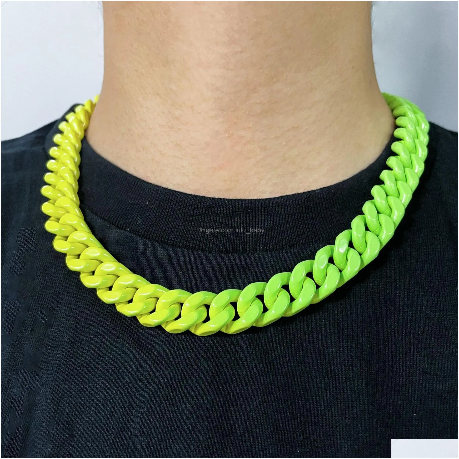 hip hop gradient colorful stainless steel cuban chain necklace spring buckle couple jewelry