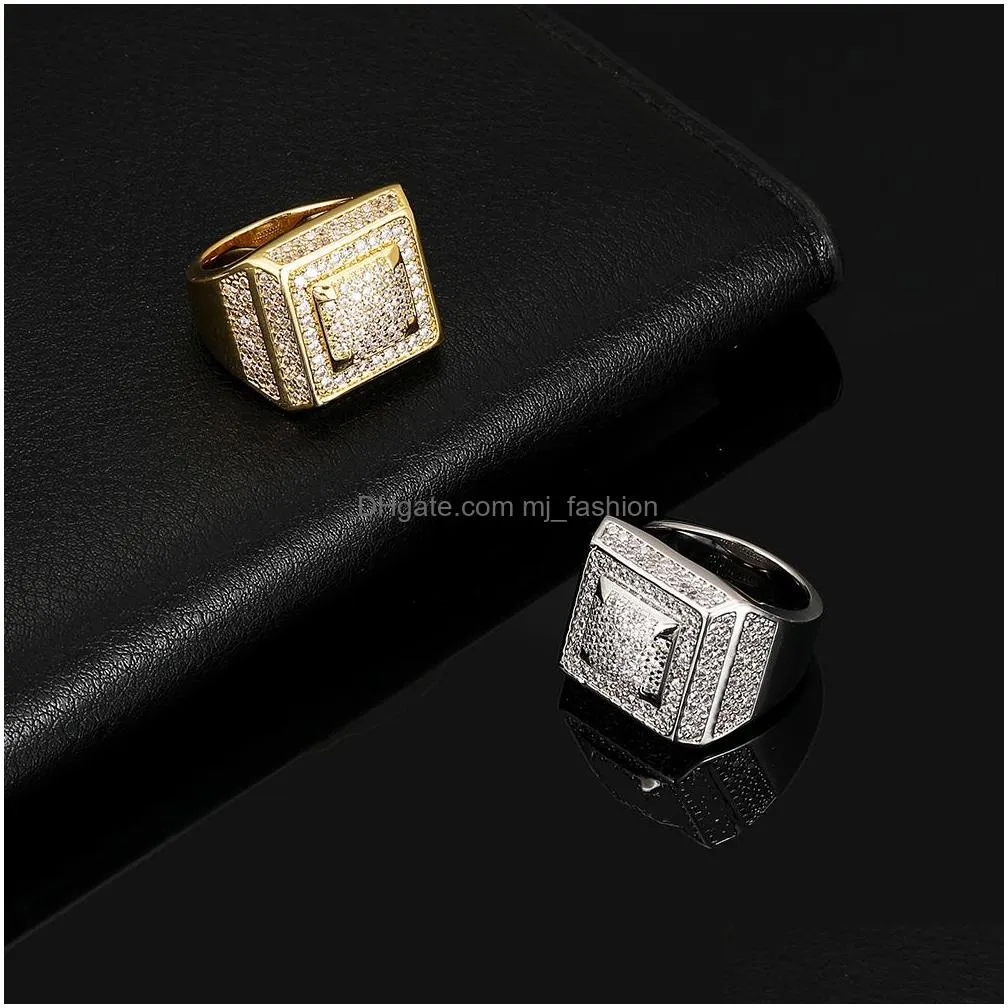 hip hop square casting rings shining 18k real gold plated cubic zircon diamond finger ring jewelry