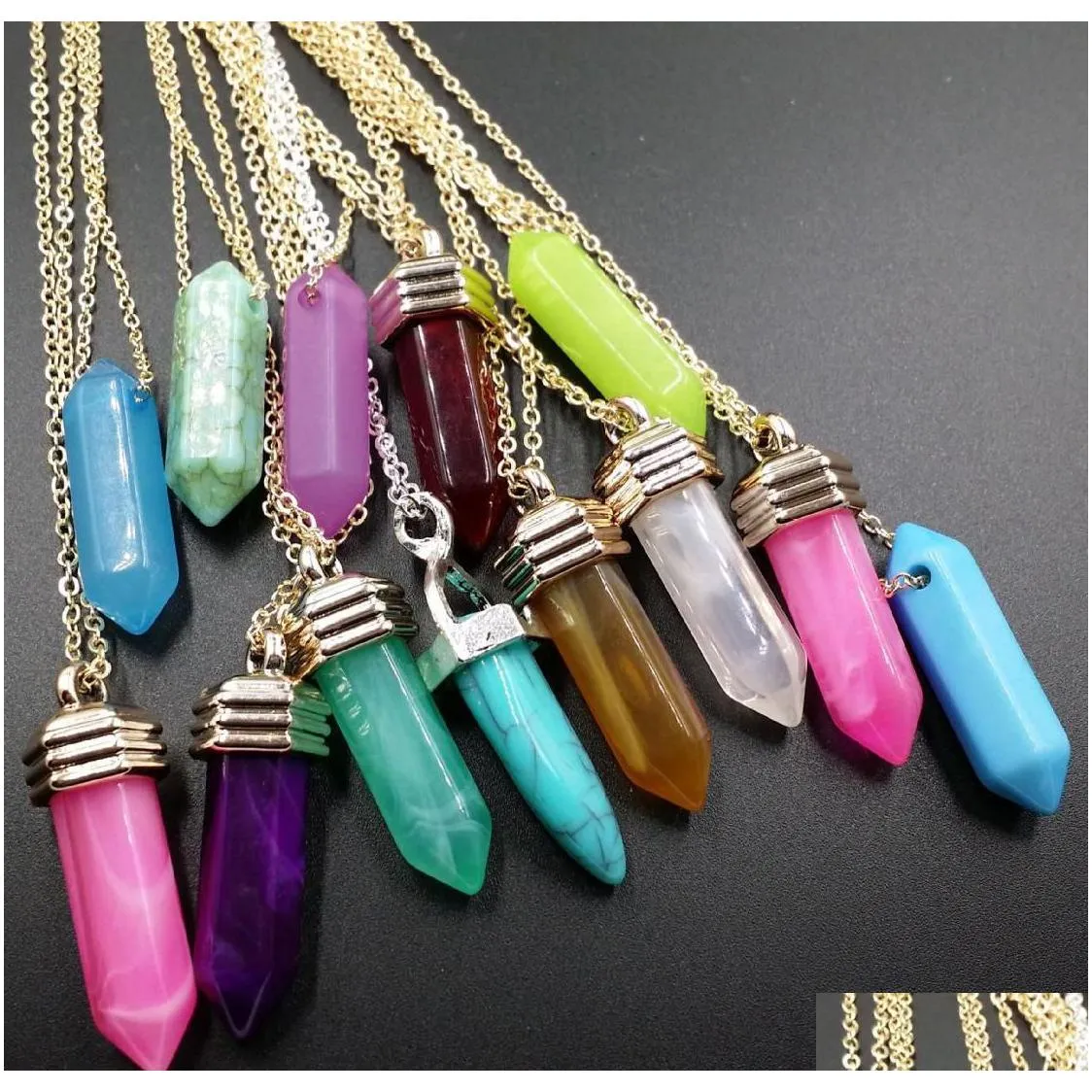 bulk charms bullet women jewelry cheap opal jade natural stone pendant glass resin quartz healing crystals long gold chain choker