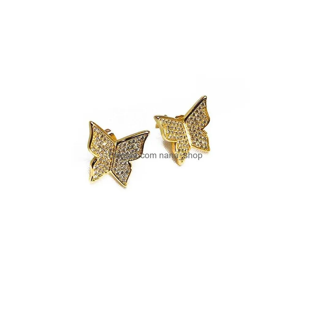 hip hop full zircon butterfly stud earrings new style dangle earrings 18k gold/platinum plated jewelry wholesale