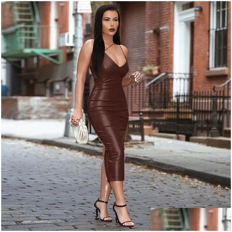 latex dress women pvc suspenders halter tight and calf belly patent leather fashion back split sexy dresses prom party wear