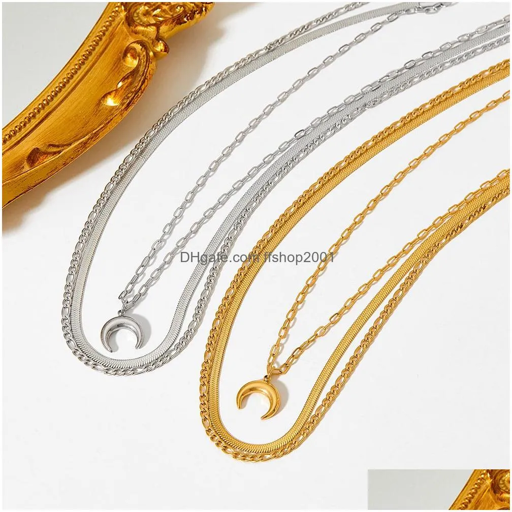 moon pendant three layers snake chain necklace stainless steel sweater chain