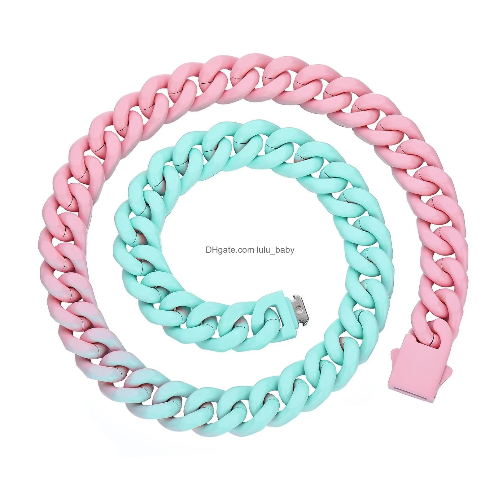  hip hop gradient colorful stainless steel cuban chain necklace spring buckle couple jewelry