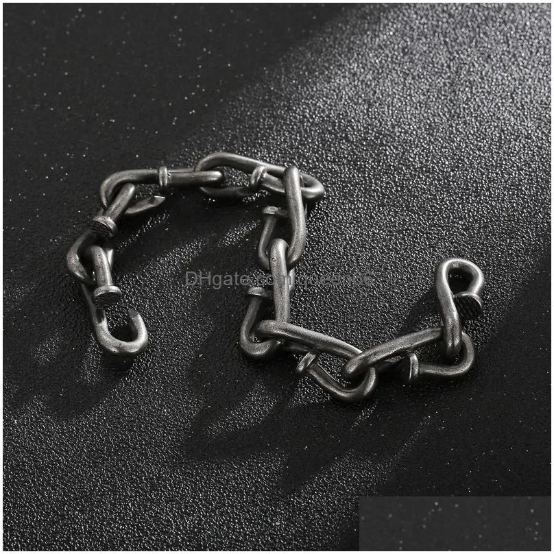 nail link chain bracelets punk mens retro stainless steel hip hop rock bangle jewelry
