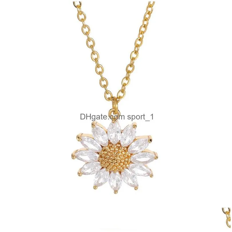 stainless steel sunflower pendant necklace 18k real gold plated bling zircon classic jewelry