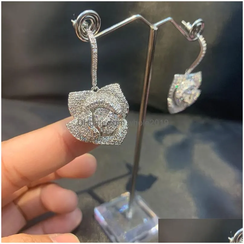 bling s925 silver needle rose flower dangle drop earrings wedding jewelry women gift