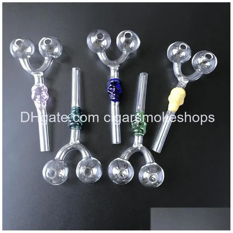 unique skull glass pipe double tube oil burner pipes smoking oil rig tobacco pyrex glass pipes small mini 6 inch colorful hand pipe