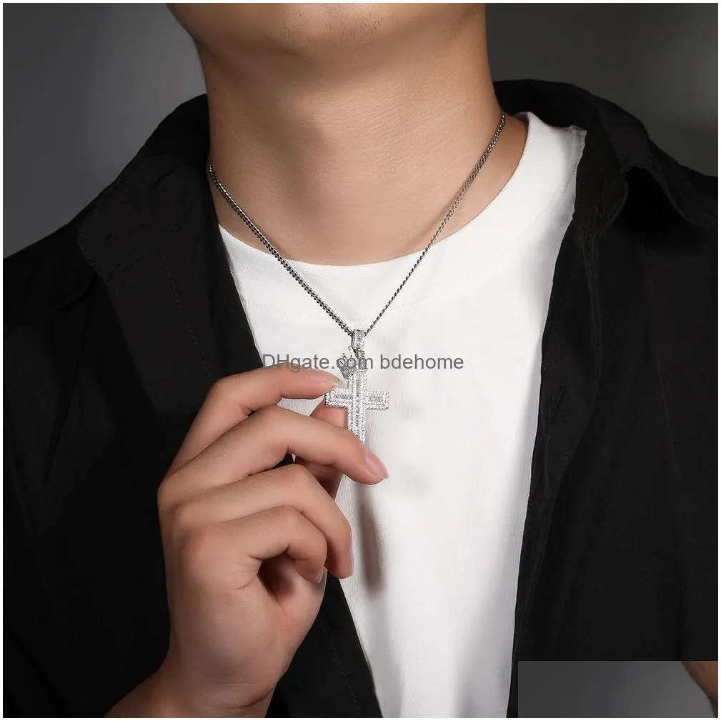 hip hop crown cross pendant necklace bling religious jewelry full cubic zirconia men women gift