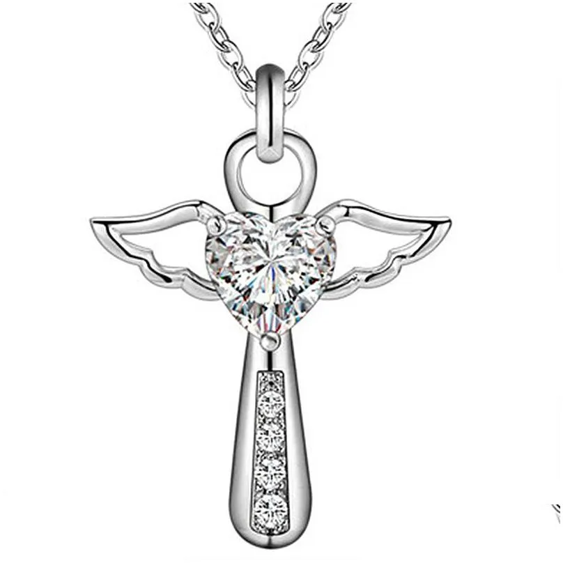silver neclace jesus cross necklace fine jewelry double angel wings heart zirconia pendant necklace