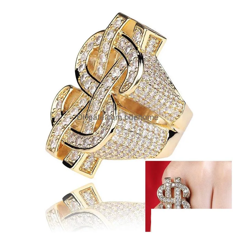 mens hip hop ring jewelry dollar sign gemstone zircon casting big gold rings 18k real gold plated