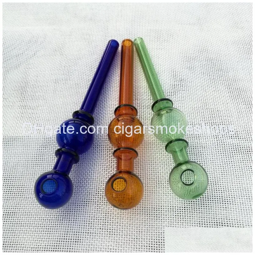 double ball glass pipe slender pyrex wax burner pipe colored round oil straight hand glass smoking pipes tobacco accessories sw53