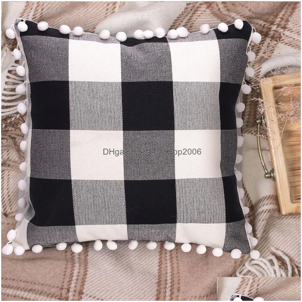 square plaid pillow cover with balls 45x45cm home sofa pillowcase red plaid throw pillow cushion cover pillow case christmas gift dbc