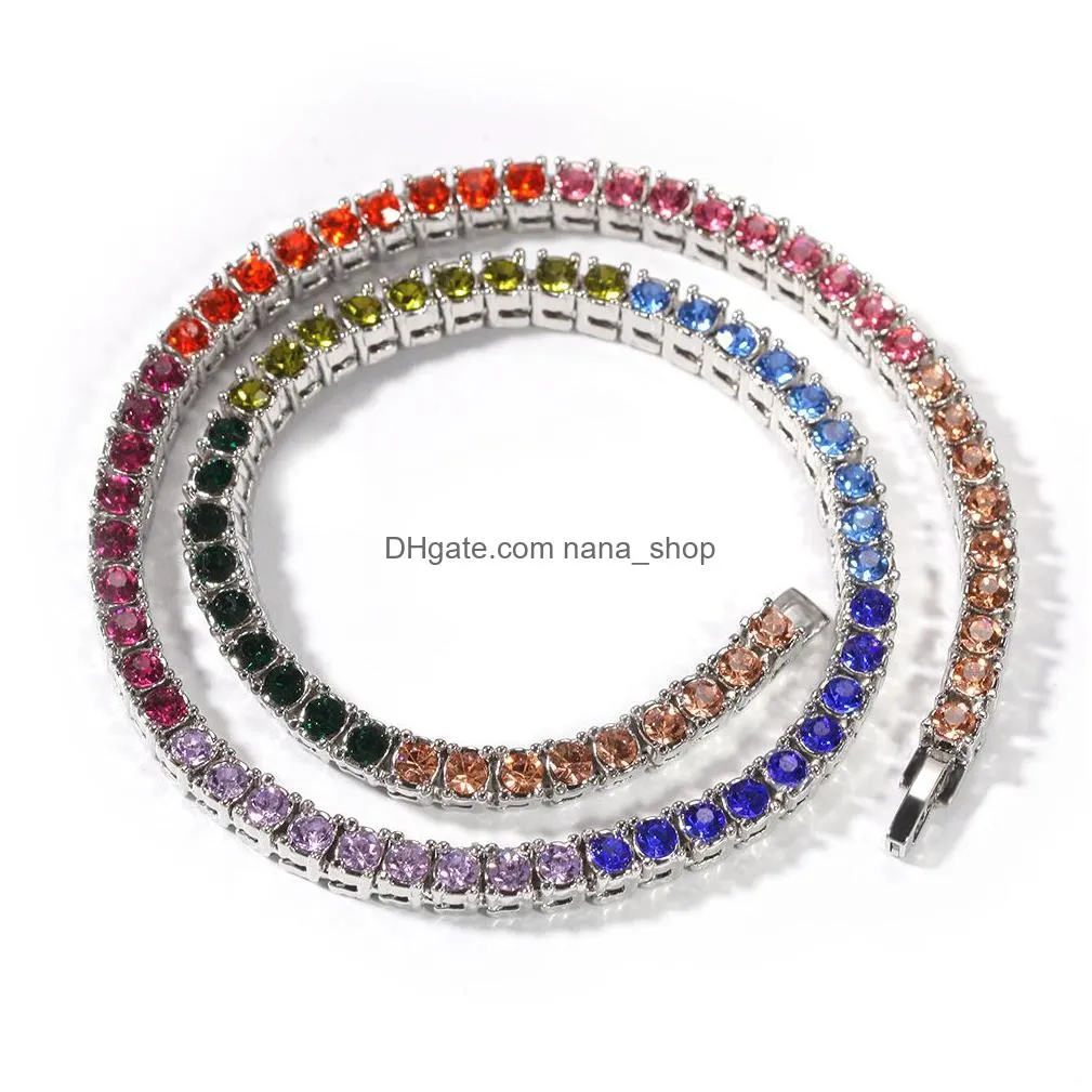 hip hop tennis chains jewelry mens colorful diamond stone chain necklace fashion 4mm silver gold