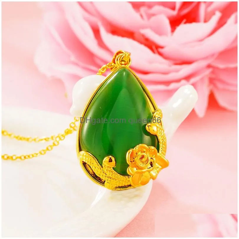 bling imitation jade flower pendant necklace 24k real gold plated jewelry women christmas gift