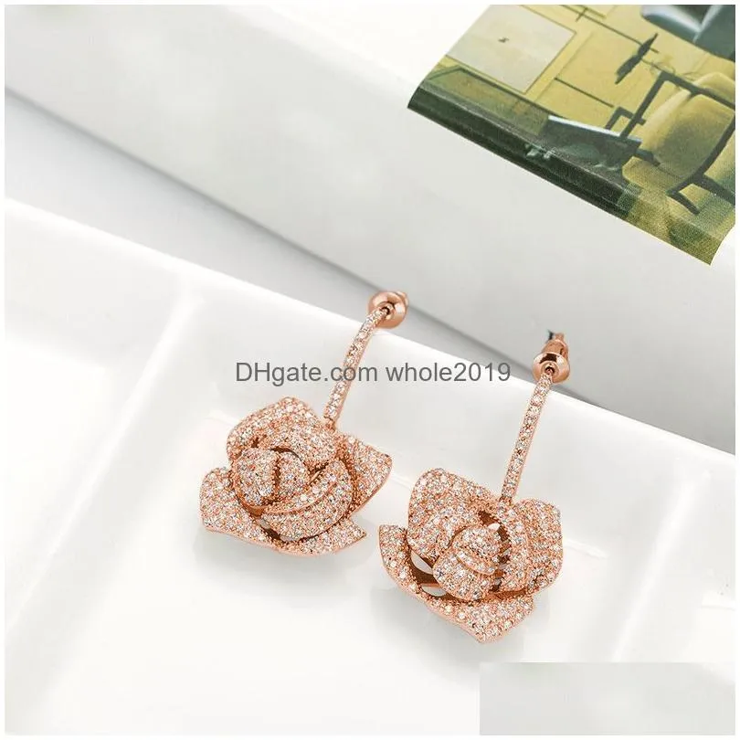 bling s925 silver needle rose flower dangle drop earrings wedding jewelry women gift