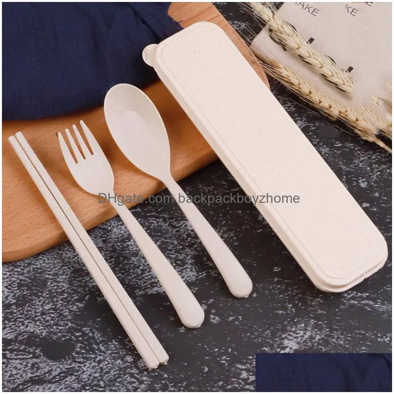 environmental wheat platycodon straw cutlery set flatware sets portable camping tableware spoon fork chopsticks customized logo