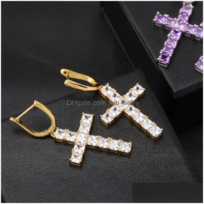 hip hop shining charm cross stud earrings style colorful bling zircon dangle earrings platinum plated wholesale