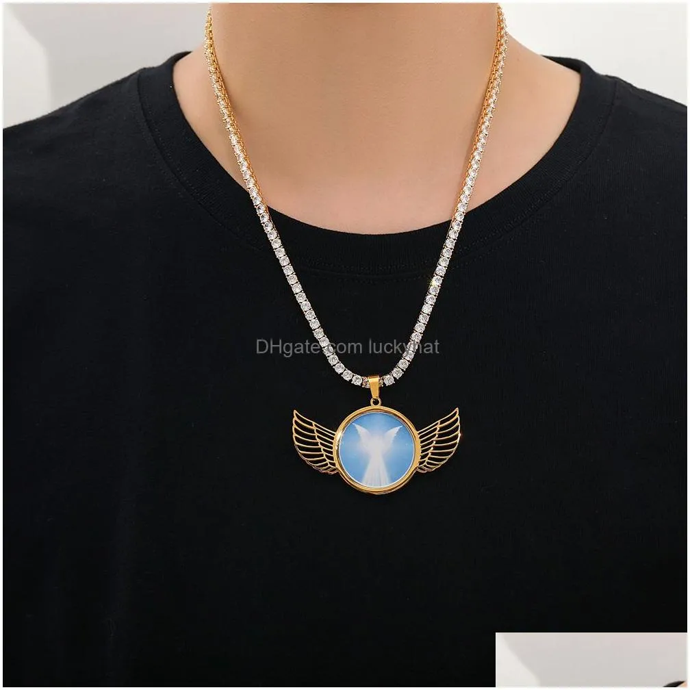 custom wing memorial photo pendant necklace stainless steel jewelry mens gifts