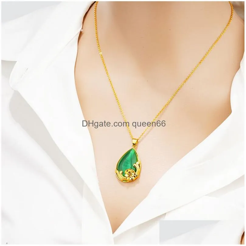 bling imitation jade flower pendant necklace 24k real gold plated jewelry women christmas gift