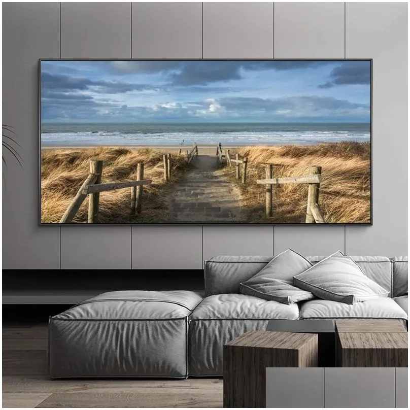 beach landscape canvas painting indoor decorations wood bridge wall art pictures for living room home decor sea sunset prints
