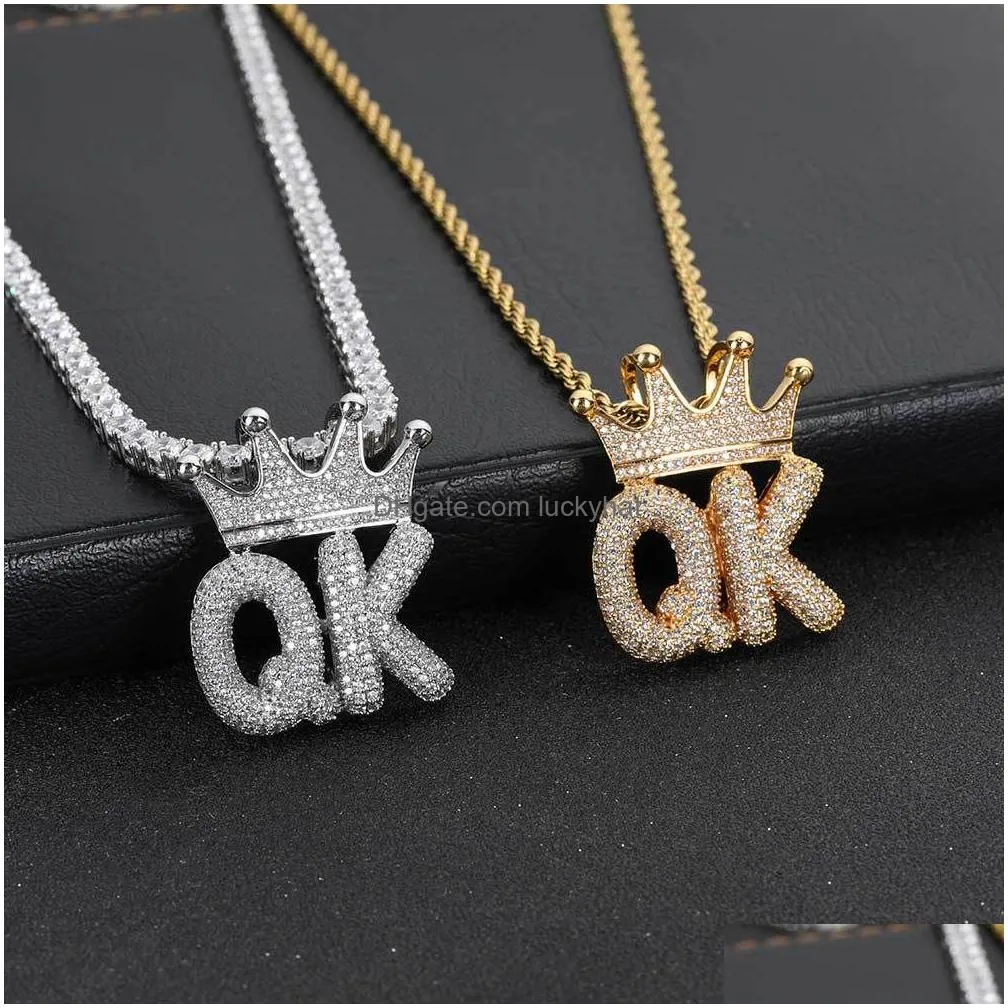 topbling hip hop az custom letter pendant necklace charm crown buckle 18k real gold plated jewelry