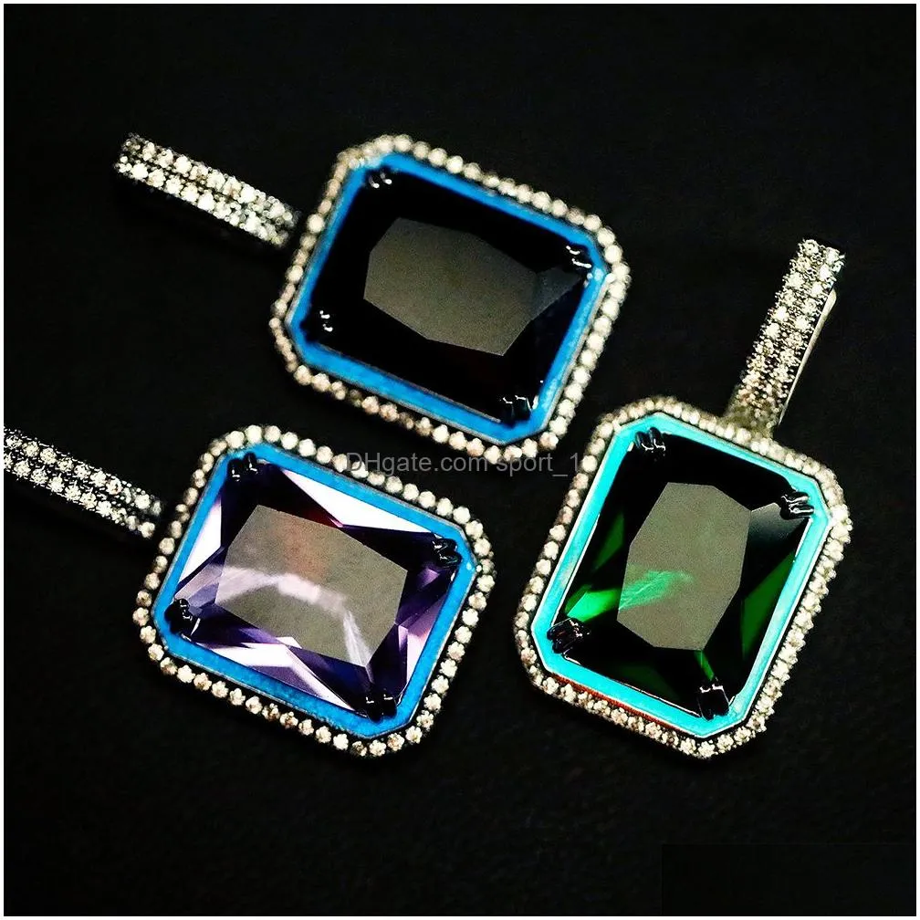 hip hop colorful square gemstone pendant necklace drop oil glow at night jewelry