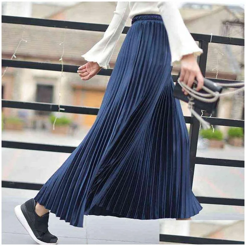 korean women fashion pleated satin long skirt female chic streetwear elastic high waist red skirts saia autumn winter sk245 211214