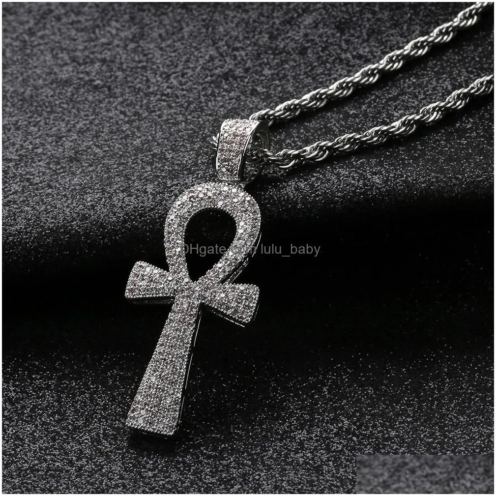 hip hop cross key shape pendants necklace jewelry copper bling diamond stone 18k gold plated jewelry women/men