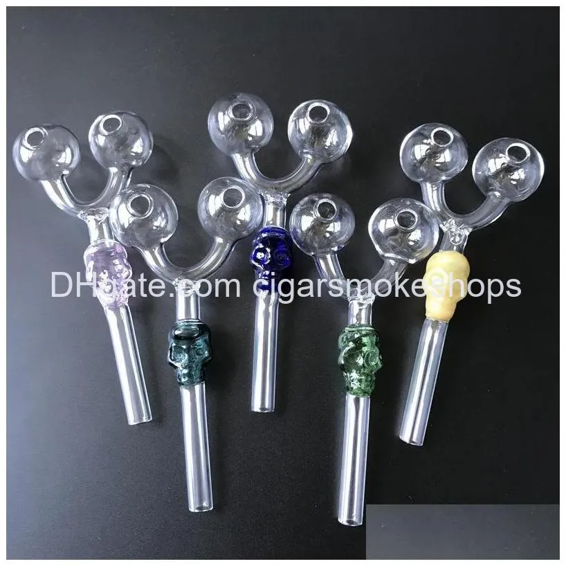 unique skull glass pipe double tube oil burner pipes smoking oil rig tobacco pyrex glass pipes small mini 6 inch colorful hand pipe