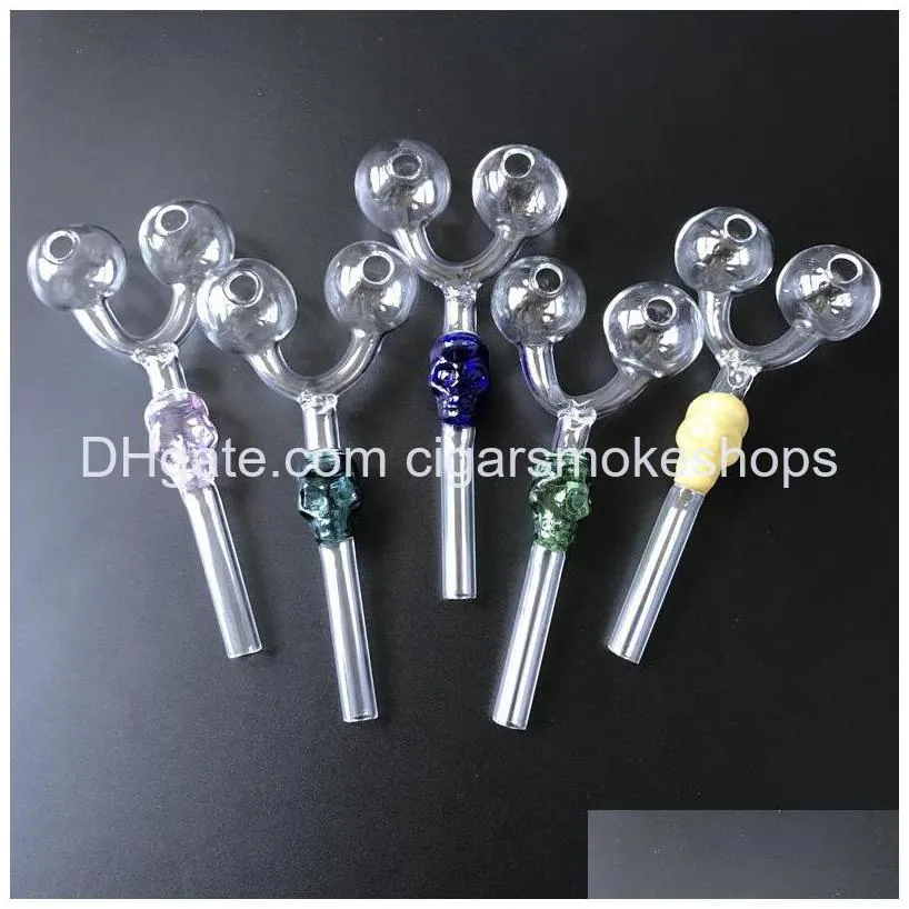 unique skull glass pipe double tube oil burner pipes smoking oil rig tobacco pyrex glass pipes small mini 6 inch colorful hand pipe