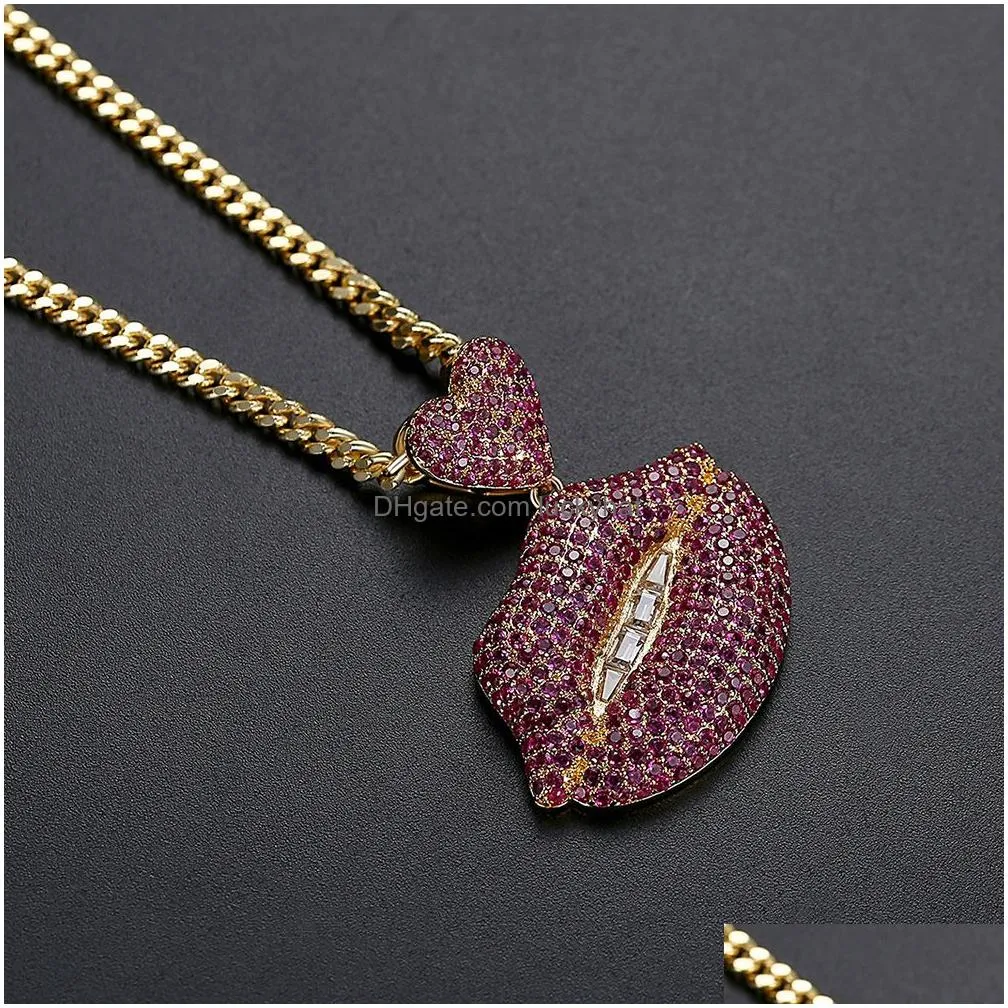 hip hop full red zircon shining lips pendant necklace gold plated bling mens necklace rap jewelry