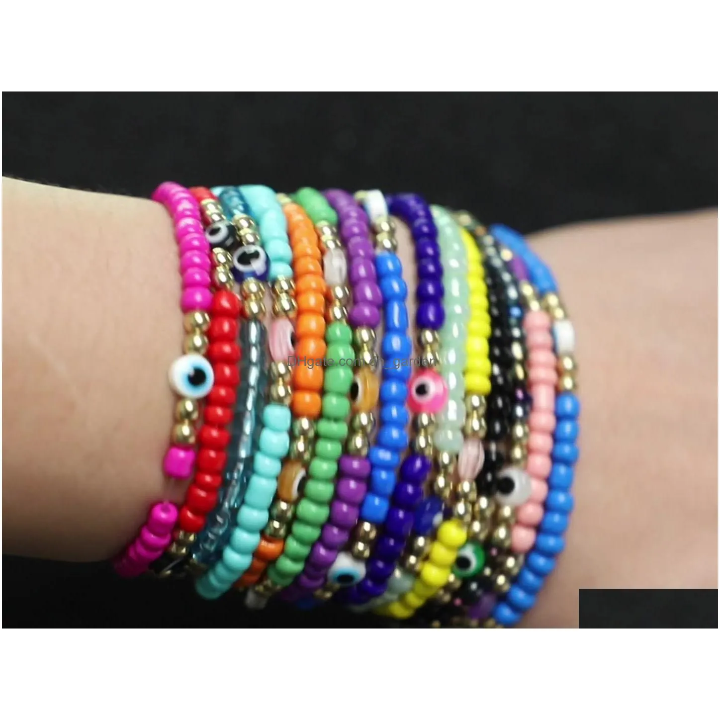 evil turkish eye bracelet handmade rope chain colorful crystal rice beaded elasticity bracelets for women mens jewelry