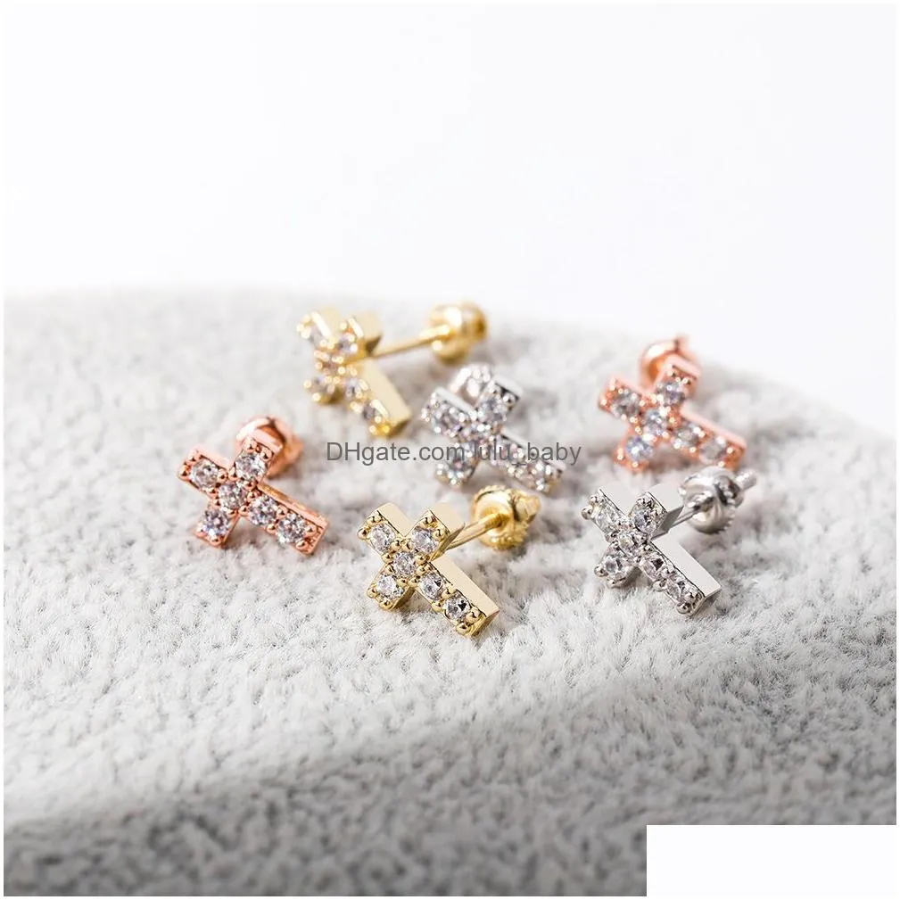 hip hop charm cross stud earring bling 18k real gold plated 925 sterling silver prevent allergy earrings for women gift