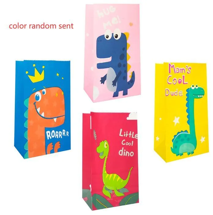 birthday gift bags party favor goodies colored kraft paper bag 13x8x24cm cartoon design dinosaur blue pink red yellow follow your heart food