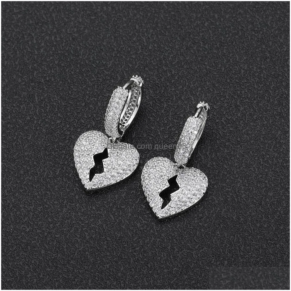hip hop heartbreak dangle earrings bling white zircon hoop earrings 18k real gold plated jewelry