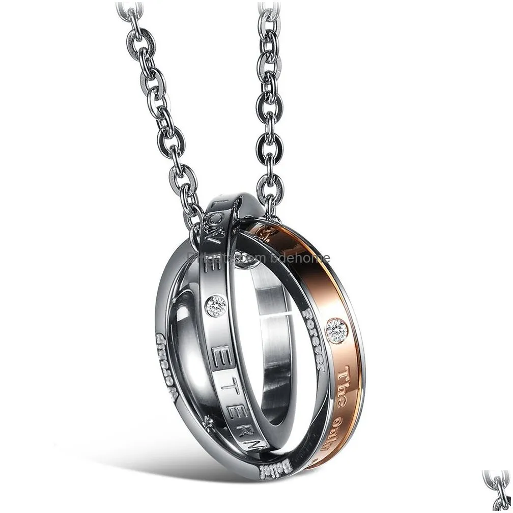 classic double circles couple pendant necklace stainless steel 14k gold plated titanium steel lover engagement jewelry