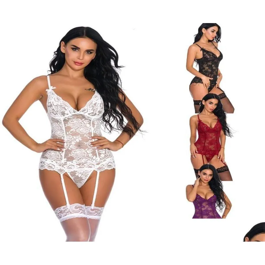  women039s sleepwear lingerie with suspenders lace and mesh lingerie sexy floral sheer laceup back teddy bodysuits red whit8388508