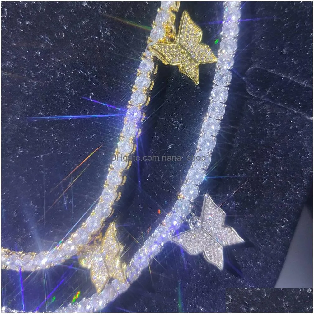 hip hop tennis chains diamond stone charm butterfly pendants necklace jewelry men women lover gift