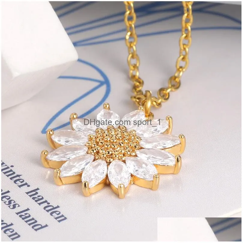 stainless steel sunflower pendant necklace 18k real gold plated bling zircon classic jewelry