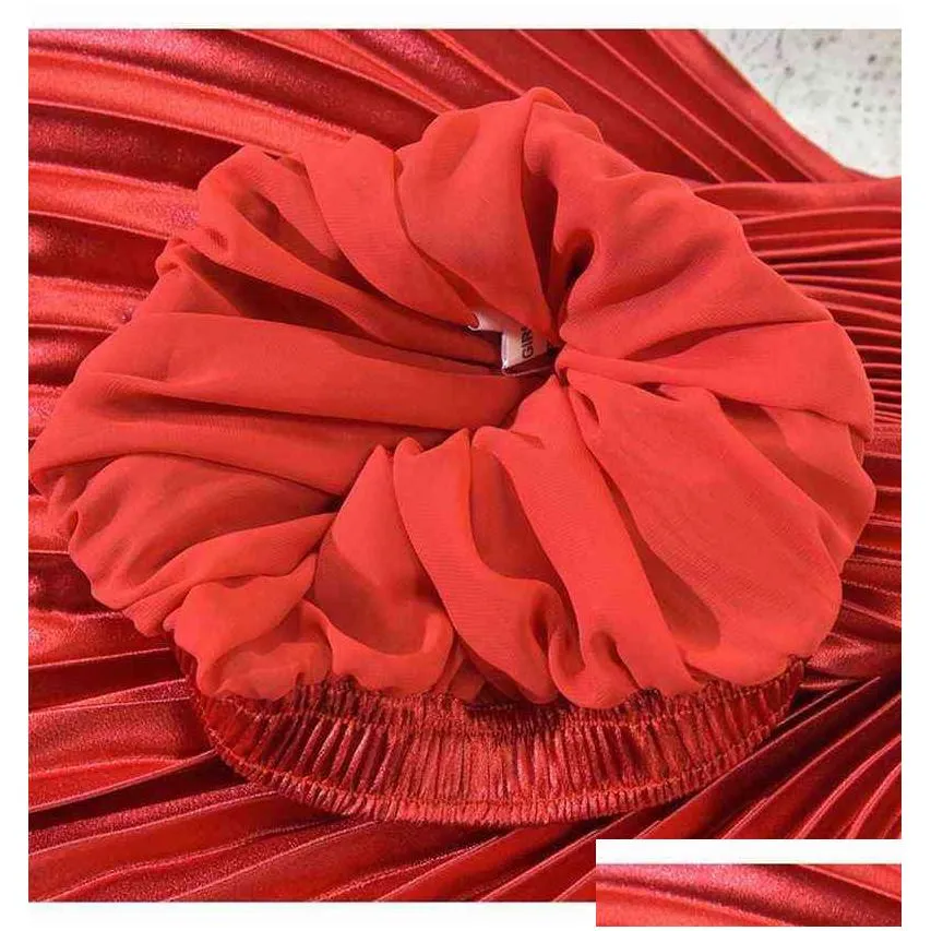 korean women fashion pleated satin long skirt female chic streetwear elastic high waist red skirts saia autumn winter sk245 211214