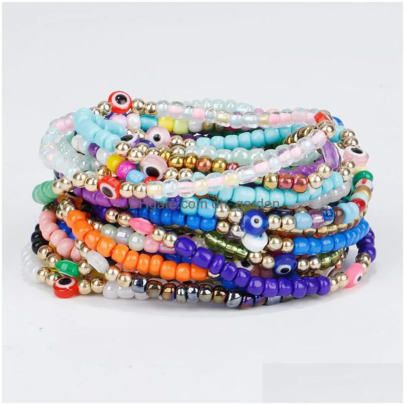 evil turkish eye bracelet handmade rope chain colorful crystal rice beaded elasticity bracelets for women mens jewelry